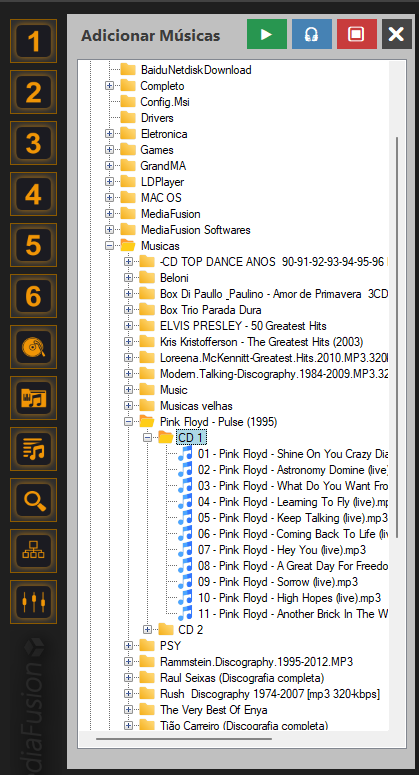 Janela Adicionar Músicas com explorador e árvore de pastas