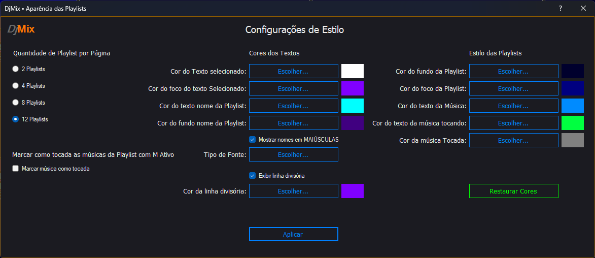Tela de configuração da aparência das playlists no DjMix