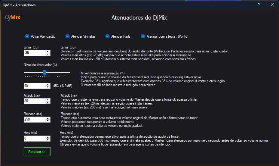 Tela de configuração dos atenuadores do DjMix