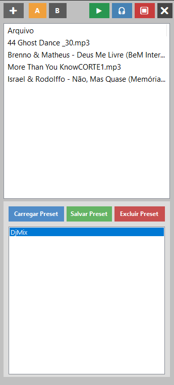 Janela do AudioQ com fila de músicas, listas A/B e botões de preset