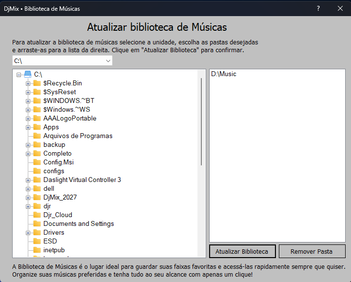 Tela de atualização da biblioteca de músicas no DjMix