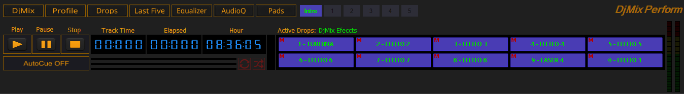 Área de controles do DjMix com Play, Pause, Stop, AutoCue, forma de onda e VU