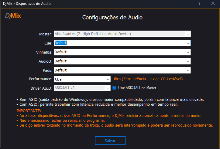 Tela de configurações de dispositivos de áudio do DjMix