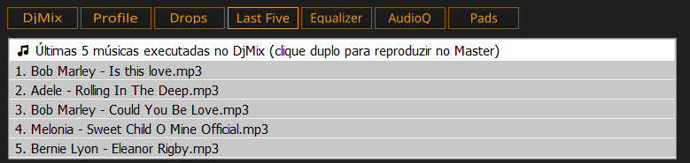 Painel de histórico das últimas músicas reproduzidas no DjMix