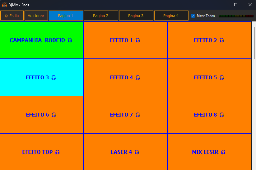 Painel de pads de áudio do DjMix com botões coloridos e controle de mixagem