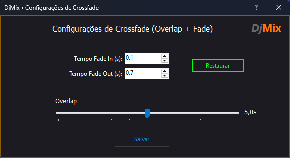Tela de configurações de Crossfade (Overlap + Fade) do DjMix