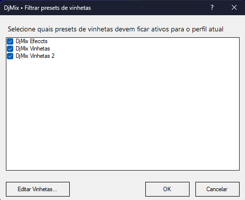 Formulário de filtragem de presets de vinhetas no DjMix