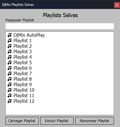 Tela de gerenciamento de playlists salvas no DjMix