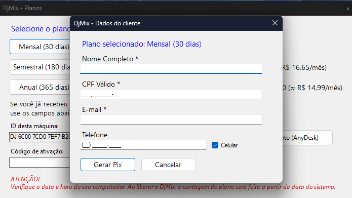Formulário de dados do cliente para gerar Pix