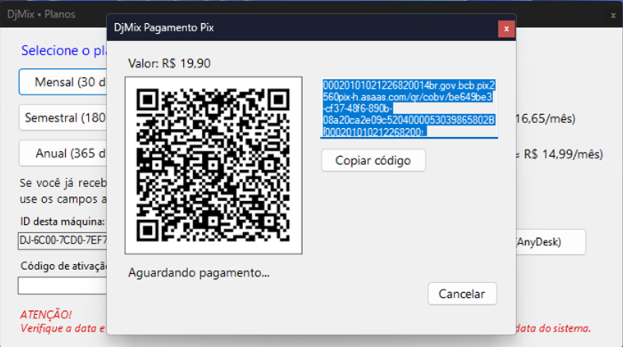 Tela de pagamento Pix com QR Code e botão de copiar código