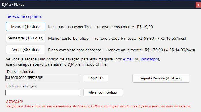 Janela de seleção de planos do DjMix