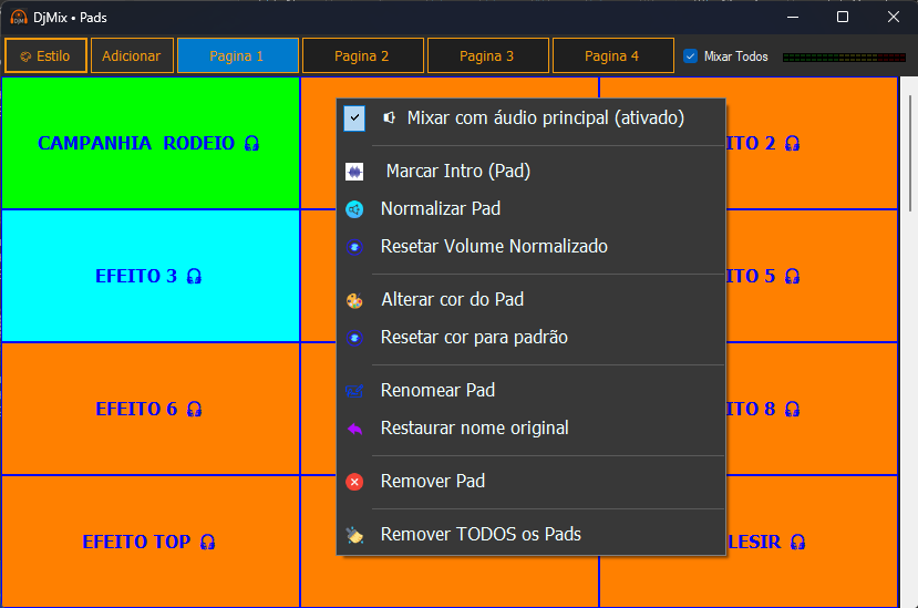 Menu de opções dos Pads no DjMix