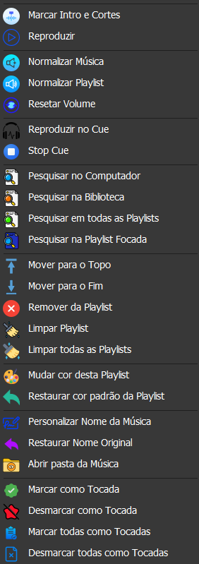 Menu de contexto das playlists no DjMix