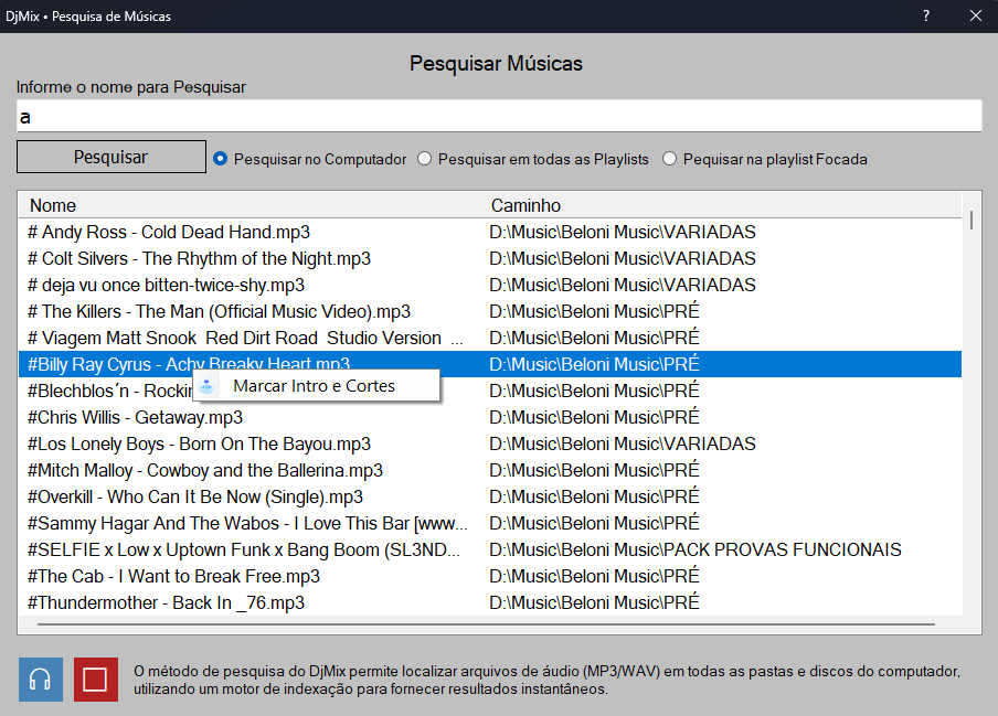 Janela de pesquisa de músicas do DjMix exibindo resultados e modos de busca