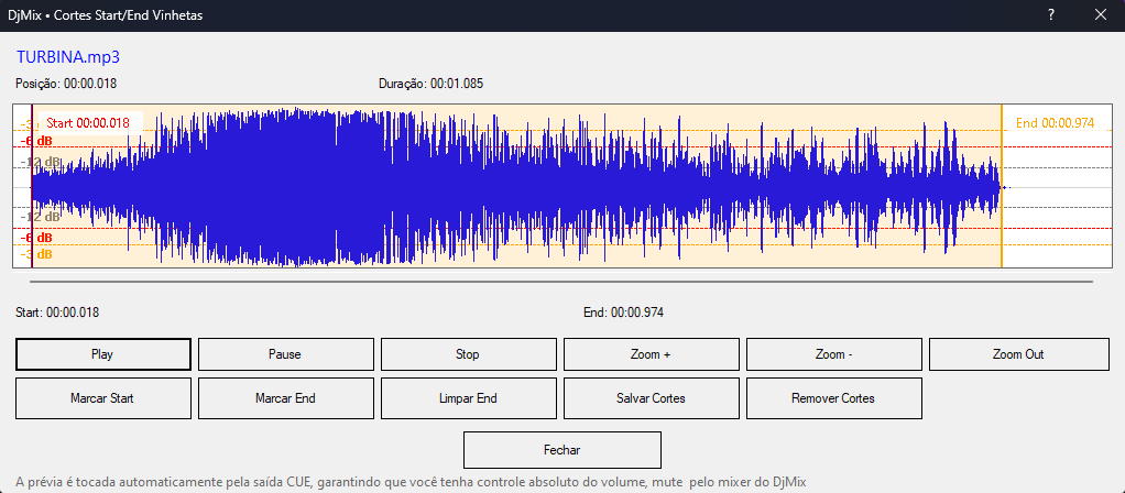 Painel de cortes Start/End das vinhetas no DjMix