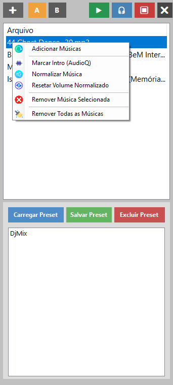 Menu de contexto do AudioQ exibindo opções como marcar intro, normalizar e remover músicas